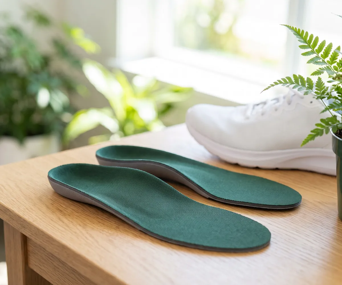 A pair of custom foot orthotics beside a running shoe