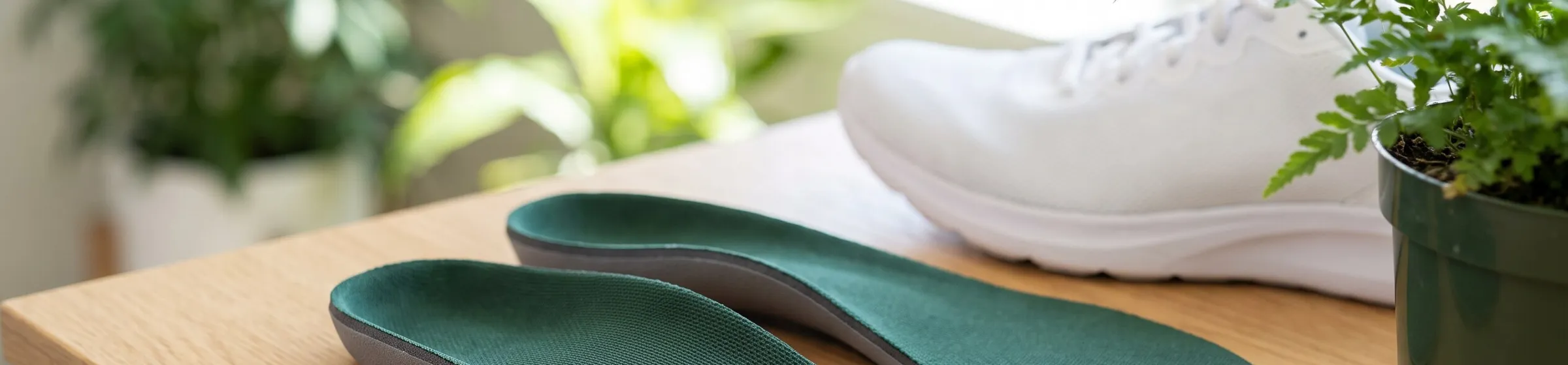 A pair of custom foot orthotics beside a running shoe
