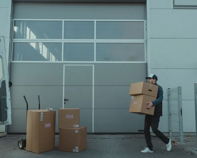 Worker carrying boxes at a loading dock