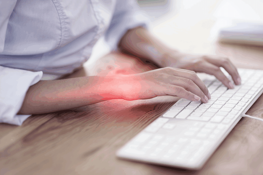 Person experiencing carpal tunnel syndrome while typing on a keyboard