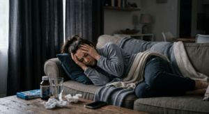woman on couch experiencing a migraine